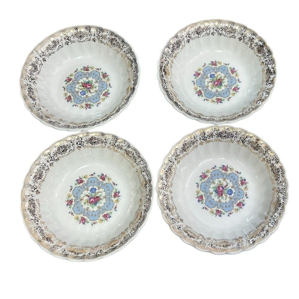 Set Of 4 Limoges "Lyric"  Gold Trim Floral Bowls 6 1/8” Wide 1.5” High